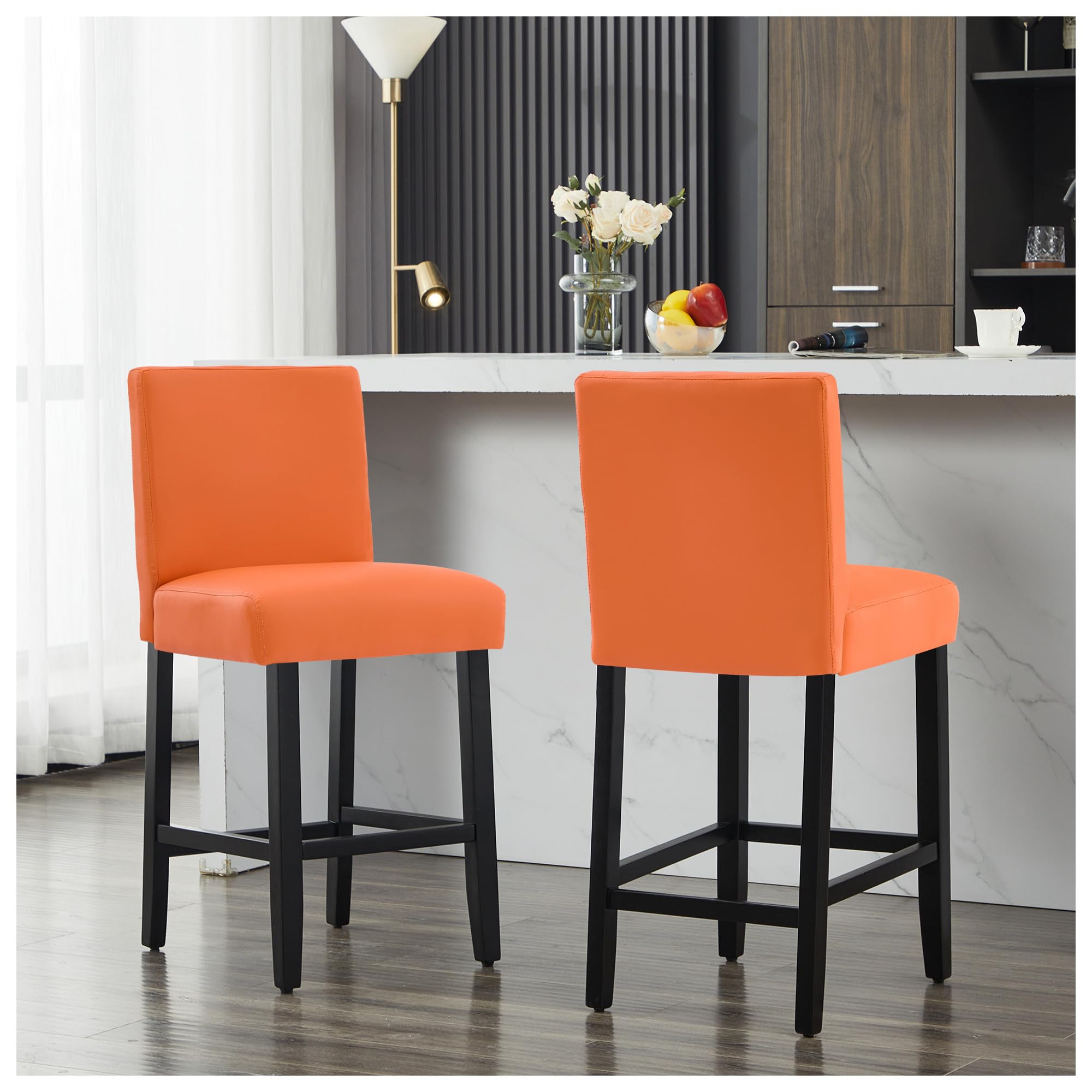 26'' Faux Leather Bar Stools Set of 2, Modern Upholstered Bar Chairs with Back, Soild Wood Legs Barstools for Kitchen Island, Orange