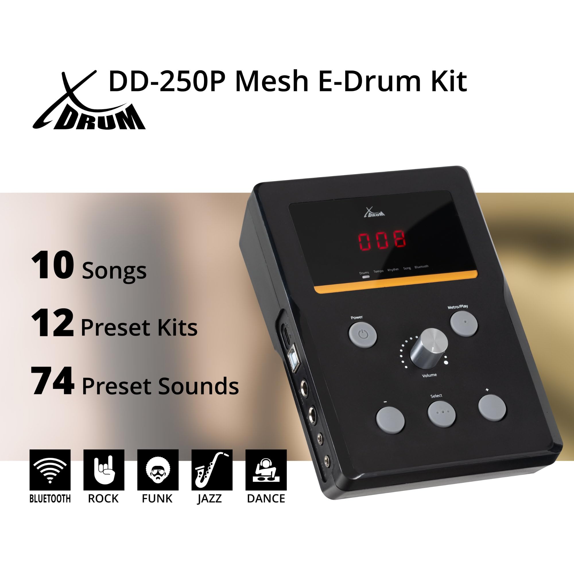 XDrum DD-250P E-Drum Kit - Elektronisches Schlagzeug mit Mesh Head- und Becken Pads, Kick-Pedal mit Pad, HiHat-Controller - Integrierter Bluetooth-Empfänger - Drumset inkl. Stimmschlüssel & Sticks
