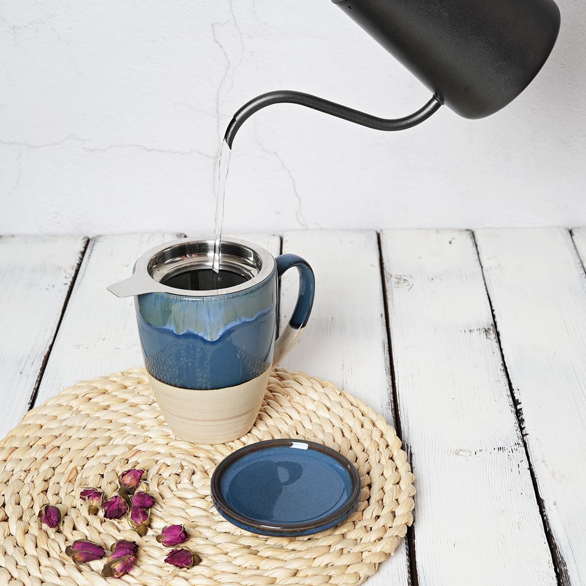 Bosmarlin Ceramic Tea Cup with Infuser and Lid (Deep Blue)