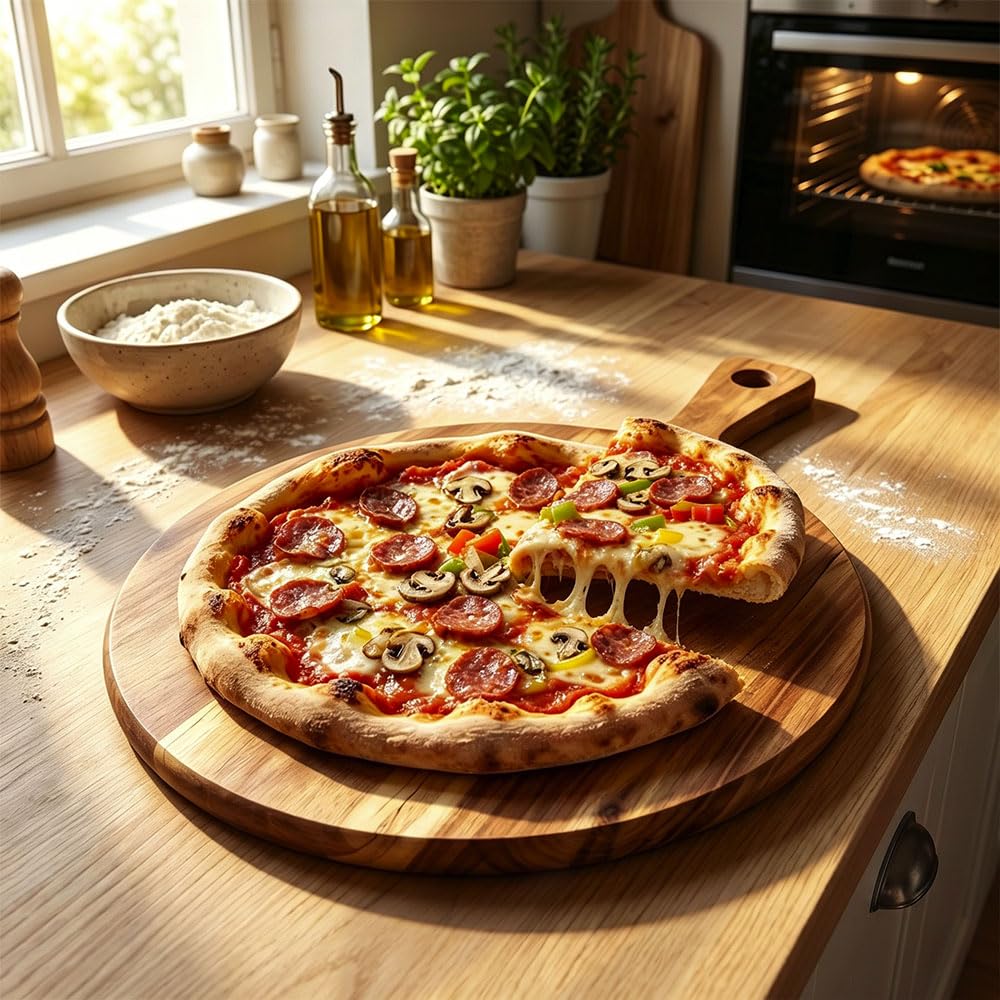 Tablas de Pizza, Tabla de madera para pizza de 40 cm, redonda y con asa ideal para pizza, pan y focaccia, y también para servir queso