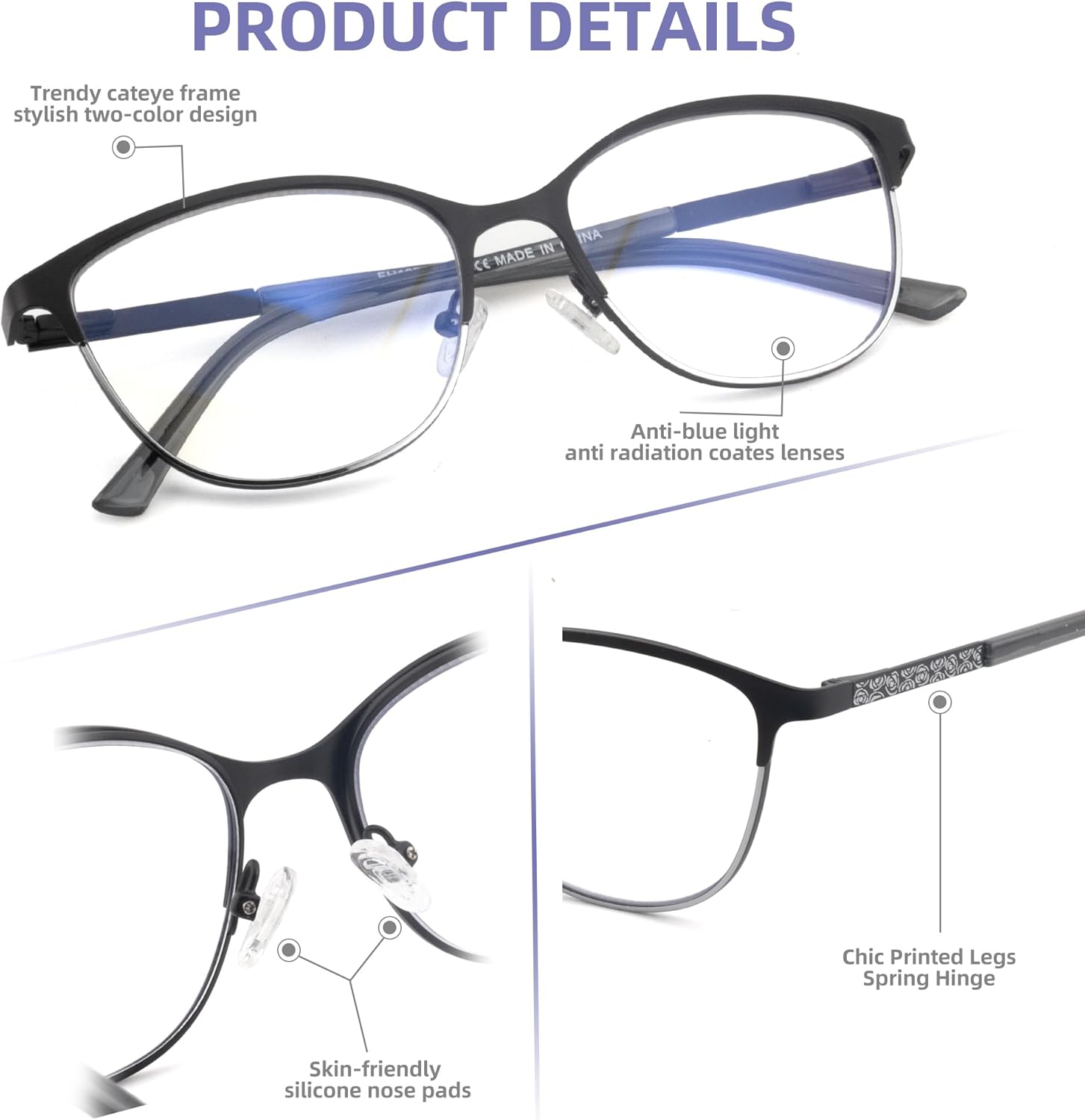 Cat Eye Progressive Multifocus Reading Glasses for Women No Line Multifocal Readers Metal Frame with Hard Case (Workspace For Near Range,Black + Silver, +1.75) - Image 5