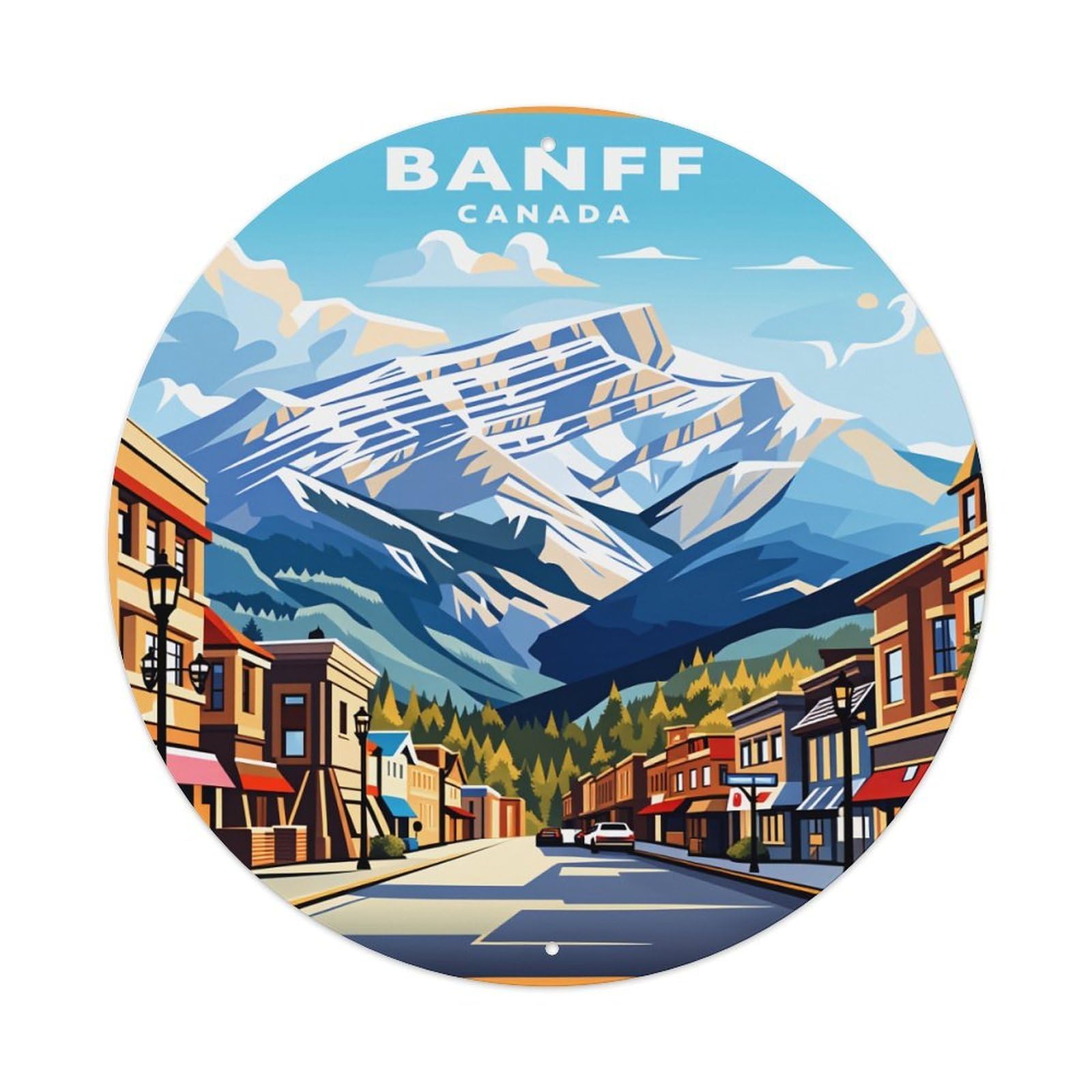 Banff Mountain Town Scene Canada Round Tin Sign Vintage Style Metal Sign Home Bar Garden Wall Plaque Decor Metal Poster 8x8 Inch