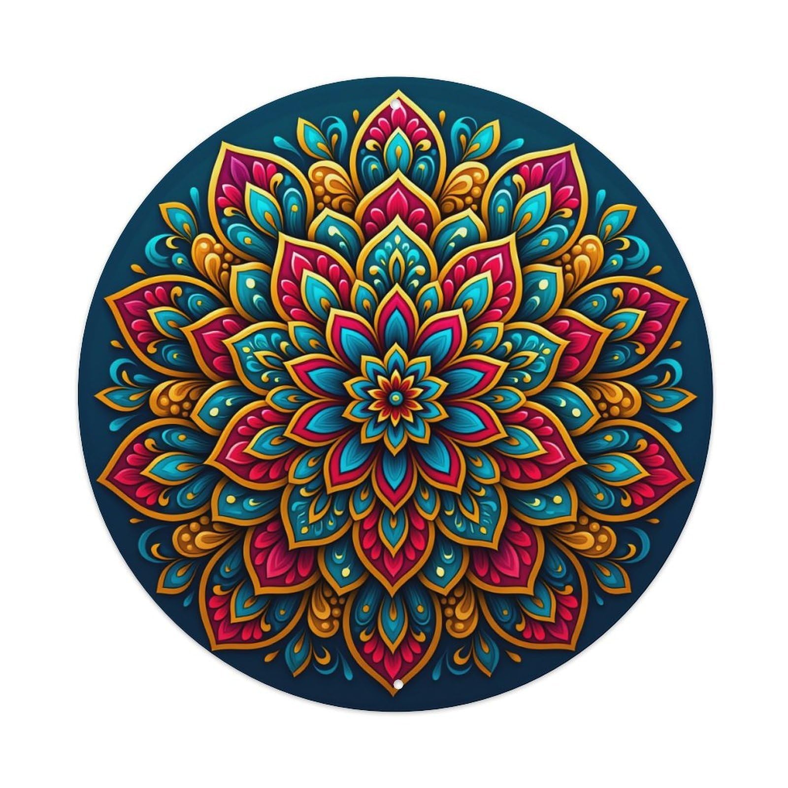 Colorful Mandala Floral Pattern Design Round Tin Sign Vintage Metal Poster, Home Bar Garage Man Cave Cafe Indoor & Outdoor Wall Decoration 8x8Inches
