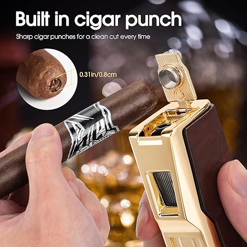 Miniatura 3 de USEWIRE Juego de encendedor de puros y cenicero, 4 llama de chorro a prueba de viento, con soporte para puros, encendedor de gas butano recargable,