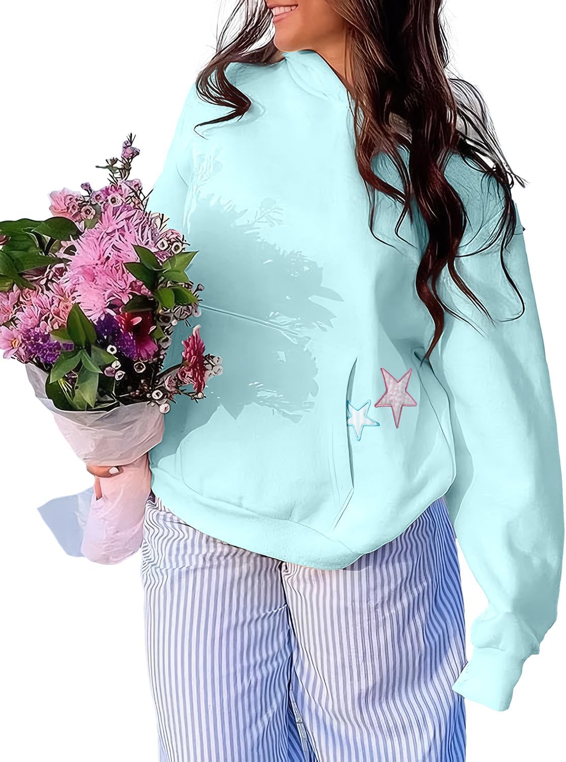 Cioatin Women Oversized Star Embroidery Graphic Hoodies Cute Y2K Aesthetic Long Sleeve Fleece Hooded Sweatshirt Fall Pullover - Image 2