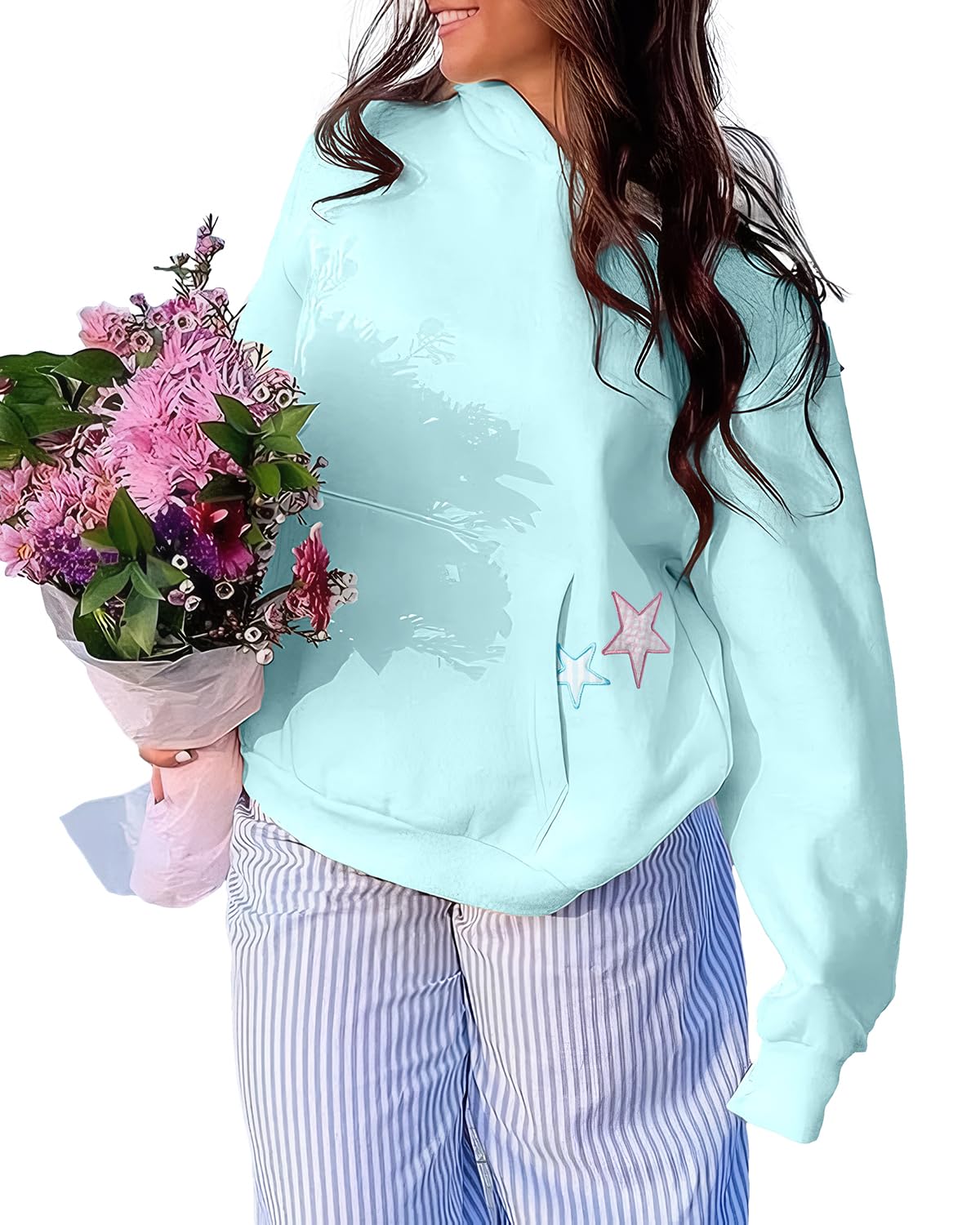BAIGRAM Women Y2K Stars Graphic Oversized Fleece Hoodies Preppy Aesthetic Drop Shoulder Fall Outfits Girl Sweatshirt Pullover