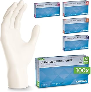 100 x ARNOMED® Luvas nitrilo tamanho M branco, luvas descartáveis cirúrgicas e laboratório, luvas de nitrilo descartaveis sem pó e látex, luvas nitrilo em XS, S, M, L, XL, XXL