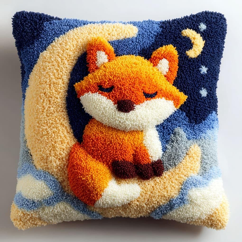 Henypt Latch Hook Pillow Craft Kit 43x43cm,The Little Fox on the Moon 17x17 Inch,Complete Starter Kit with Tools and Yarn for Beginners & Craft Enthusiasts