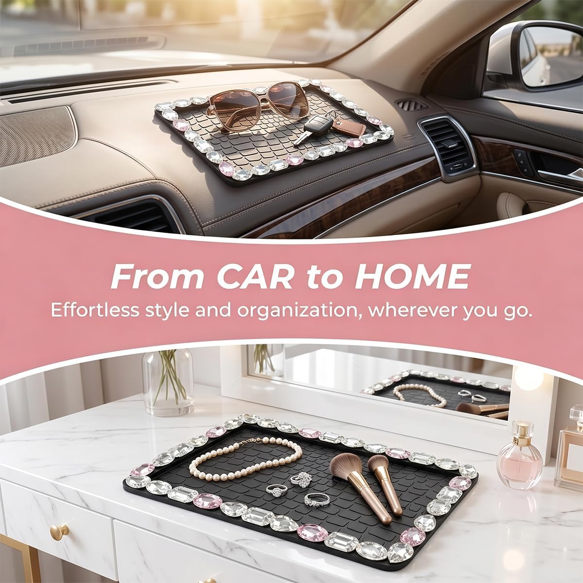 Craedli Bling Car Dashboard Anti-Slip Mat, Non-Slip Sticky Pad for Keys and Cell Phone, Rhinestone Vehicle Dash Decoration Accessories for SUV and Truck (White&Pink)