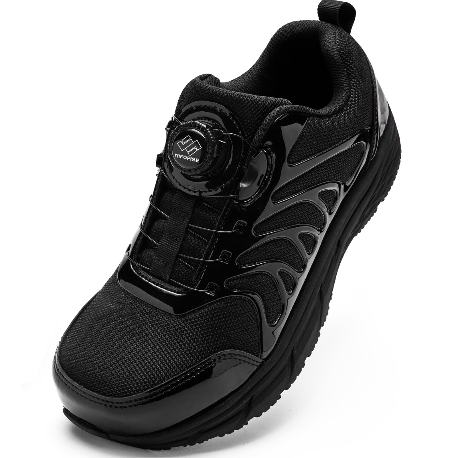 NIFOFISE Wide Fit Sicherheitsschuhe Herren Damen Stahlkappe Sneaker mit Quick-Fit Dial Schnürung Leicht Atmungsaktiv Breite Zehenbox Sicherheitsschuhe Alternative zu Arbeitsstiefeln, Schwarz , 38 EU