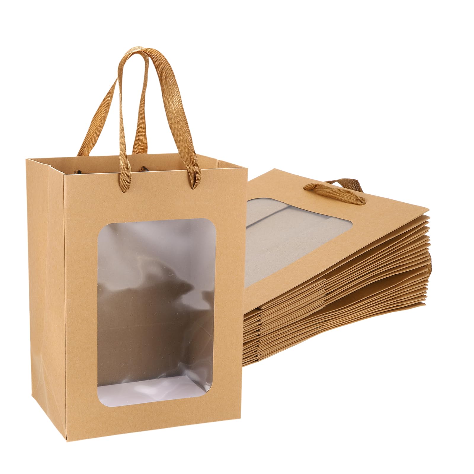 PATIKIL Gift Bags with Clear Window, (18 x 13 x 25cm, Brown)(12 Pcs), Small Gift Wrap Bags with Handles, Suit for Wedding/Birthday/Bridesmaid/Party/Shopping