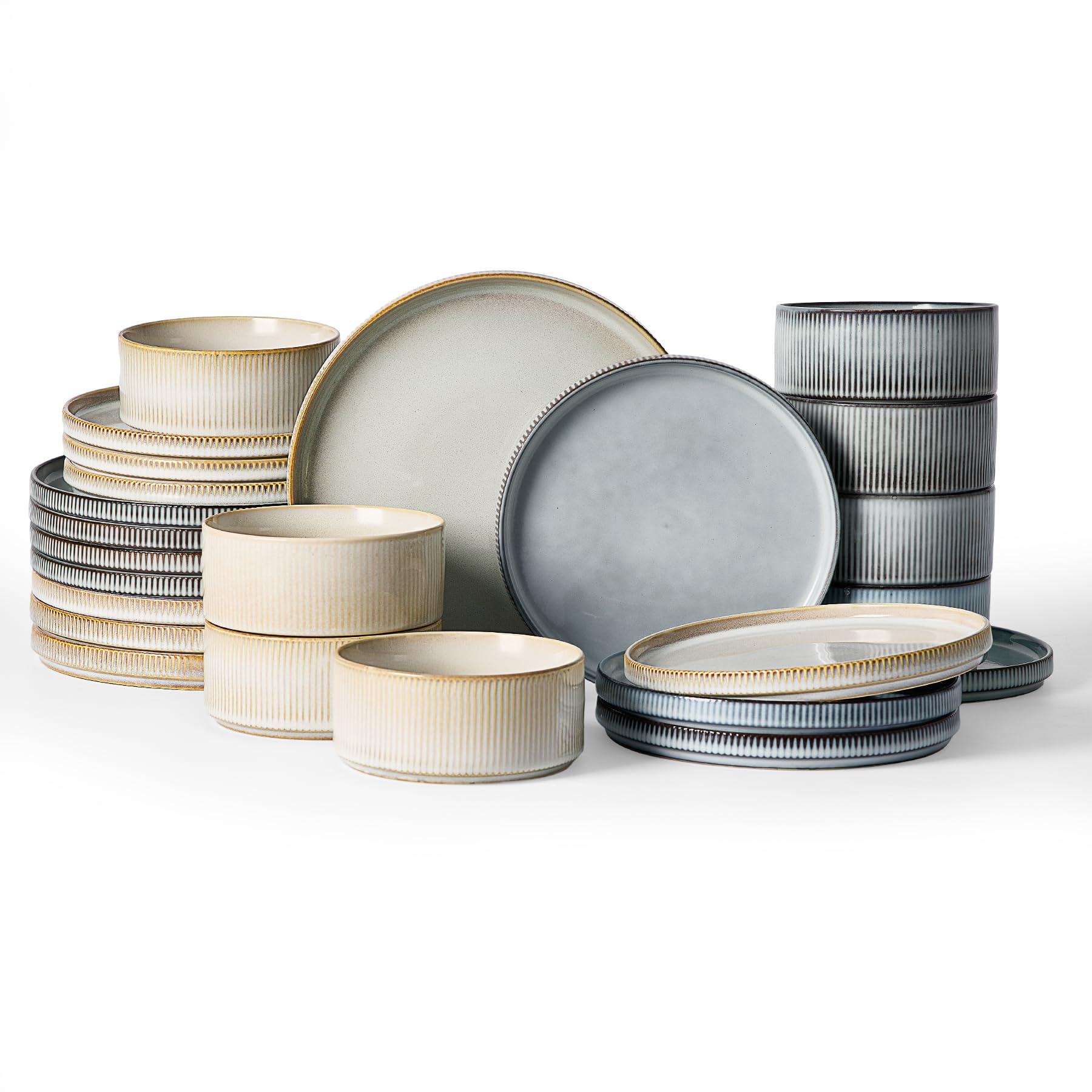 Famiware Star Stoneware Dinnerware Sets for 8, Reactive Glaze Plates, Bowls