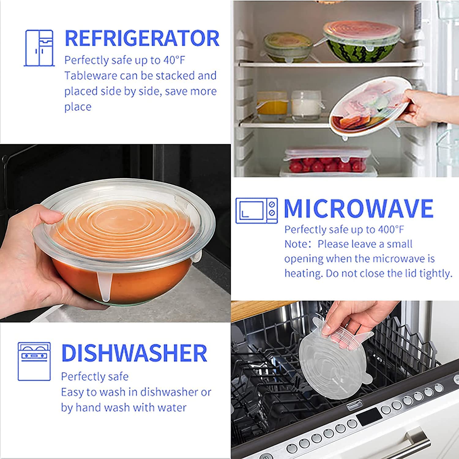 Ocer Stretch Lids,Reusable Silicone Lids, Silicone Bowl Covers, Sizes Silicone Covers Apply to Food Container, for Freezer & Microwave (Set of 6) 3