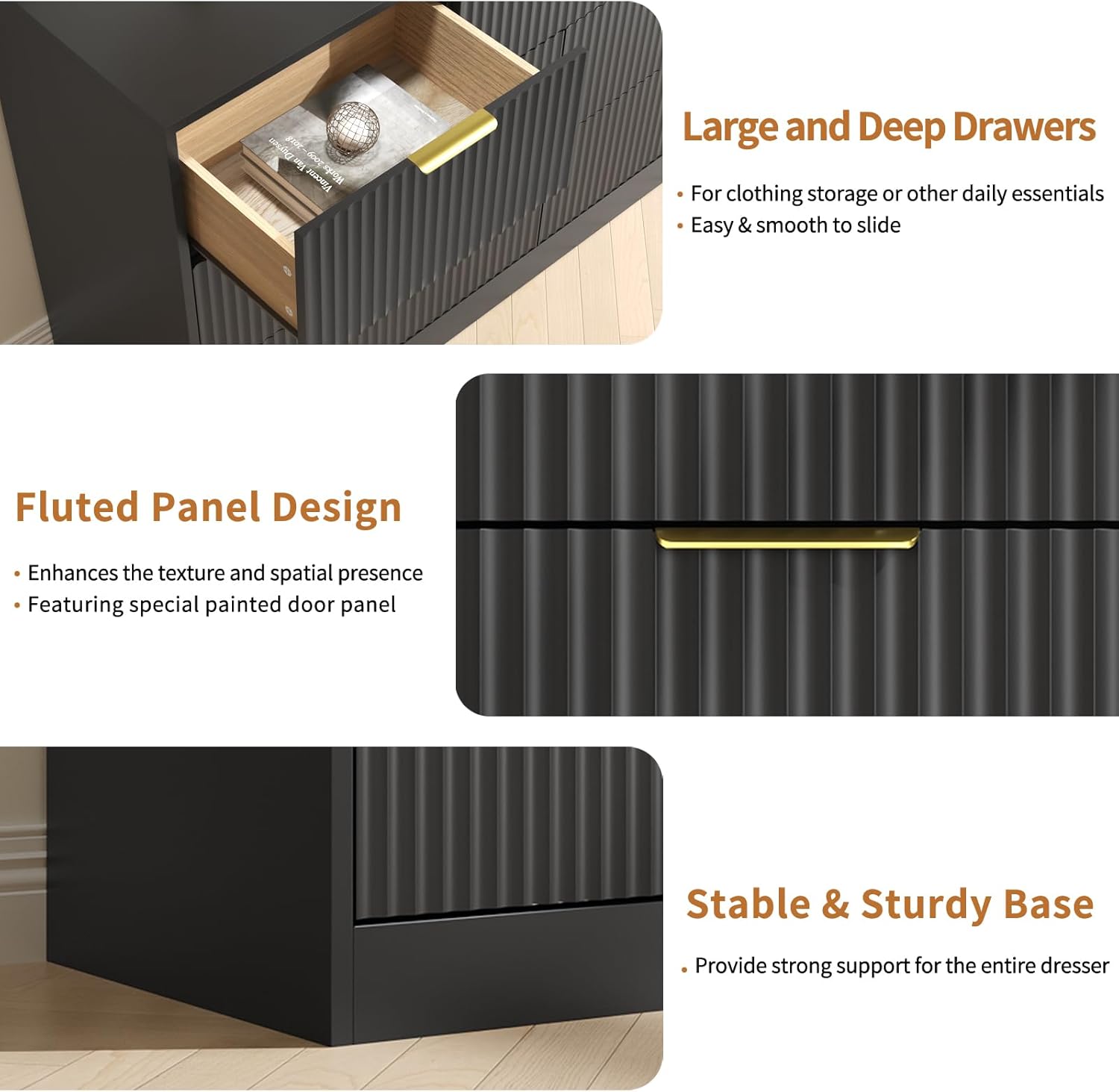 Black Dresser Set of 2, Large Dresser for Bedroom Wooden with 14 Drawers, Fluted Modern Bedroom Furniture Set, TV Stand Dressers & Chests of Drawers for Closet (15.7"D x 110.2"W x 31.8"H)