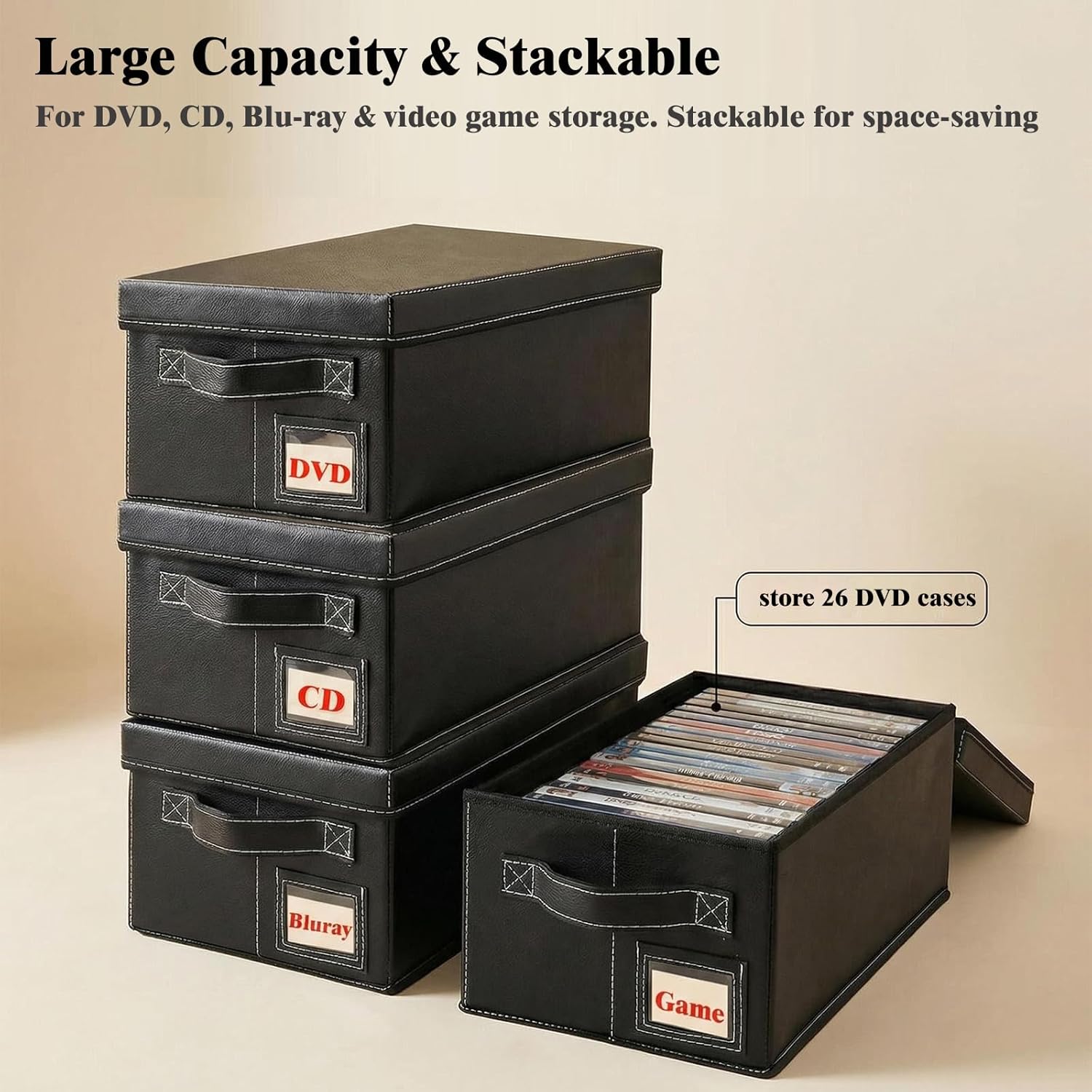 DVD Storage Boxes with Lid, 4 Pack DVD Boxes Holds 26 Standard DVD Cases Each, Stackable Media Organizer for Blu ray, Video Games, CDs – Also for Toys, Socks, Underwear Storage