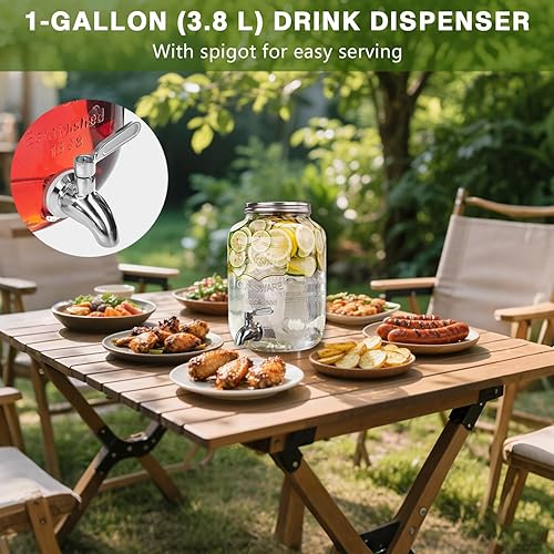 Miniatura 2 de Dispensador de bebidas de vidrio de 3.8 l, dispensador de agua con grifo, dispensador de bebidas para fiestas y uso al aire libre, jarra para agua,