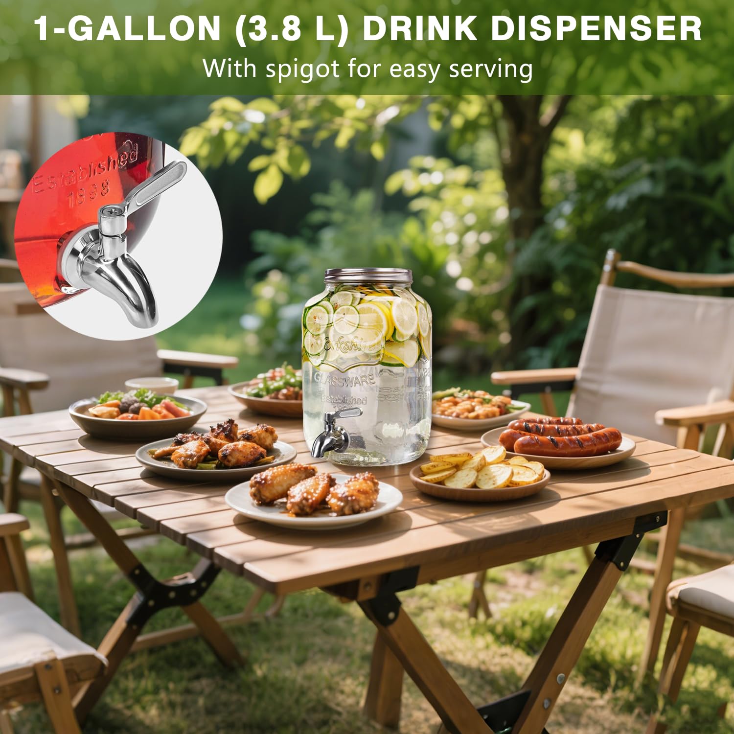 Glass Drink Dispenser for Fridge, 1 Gallon Water, Laundry Detergent, Juice or Beverage Dispenser for Parties with Spigot - Serveware for BBQ, Picnic, Pool Party and Social Events