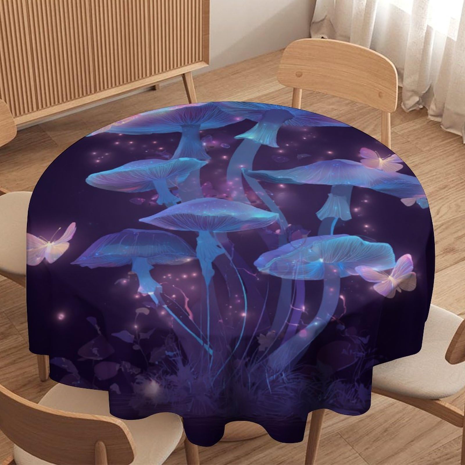 LUYYSKY Colorful Rustic Mushroom Round Tablecloth Anime Aesthetic Botanical Boho Mushroom Animal Butterfly Pattern Washable Decor for Table Cover for Kitchen-177.8" Wx177.8 L cm