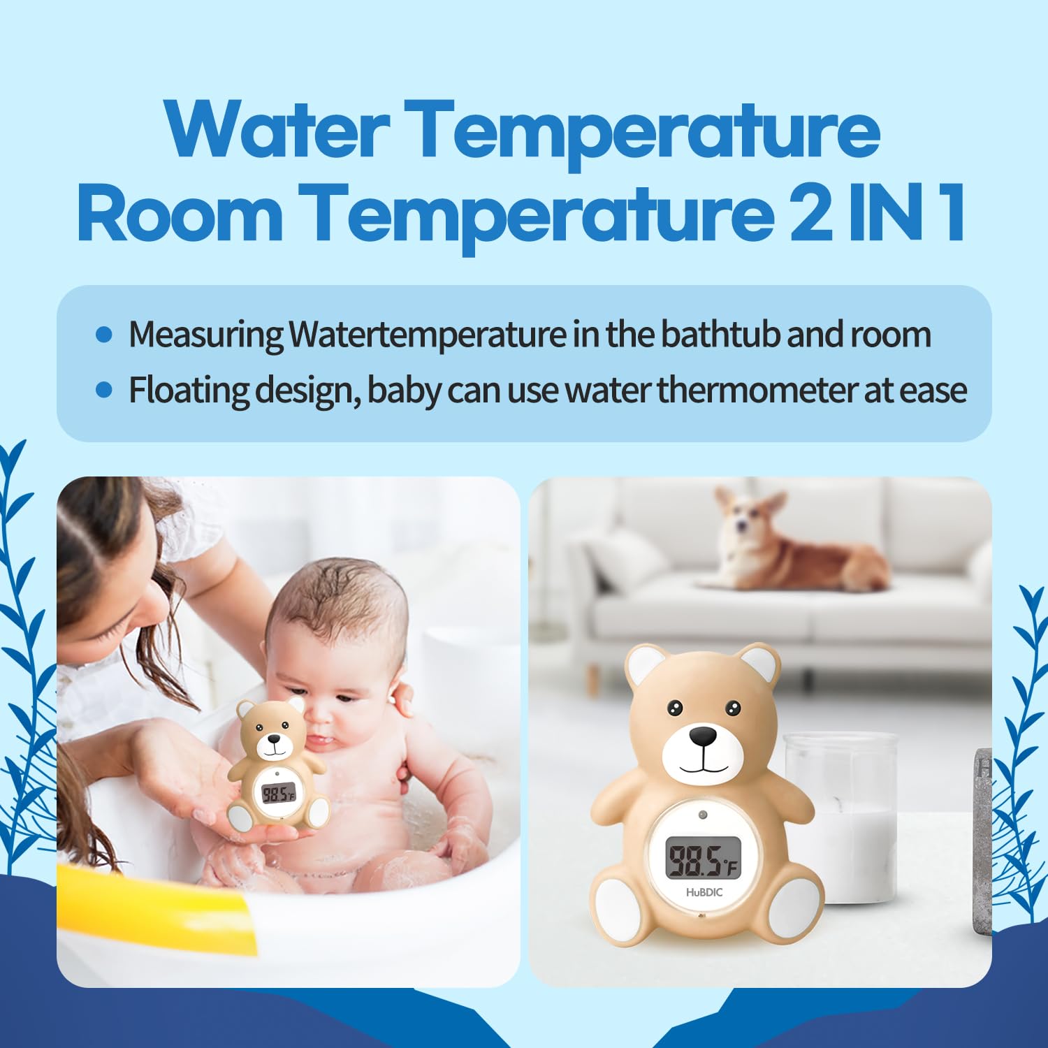 HubiBaby - Termómetro de baño para bebé y temperatura ambiente digital, productos de seguridad 2 en 1 para baño infantil con advertencia de temperatura, oso de peluche flotante (caqui)