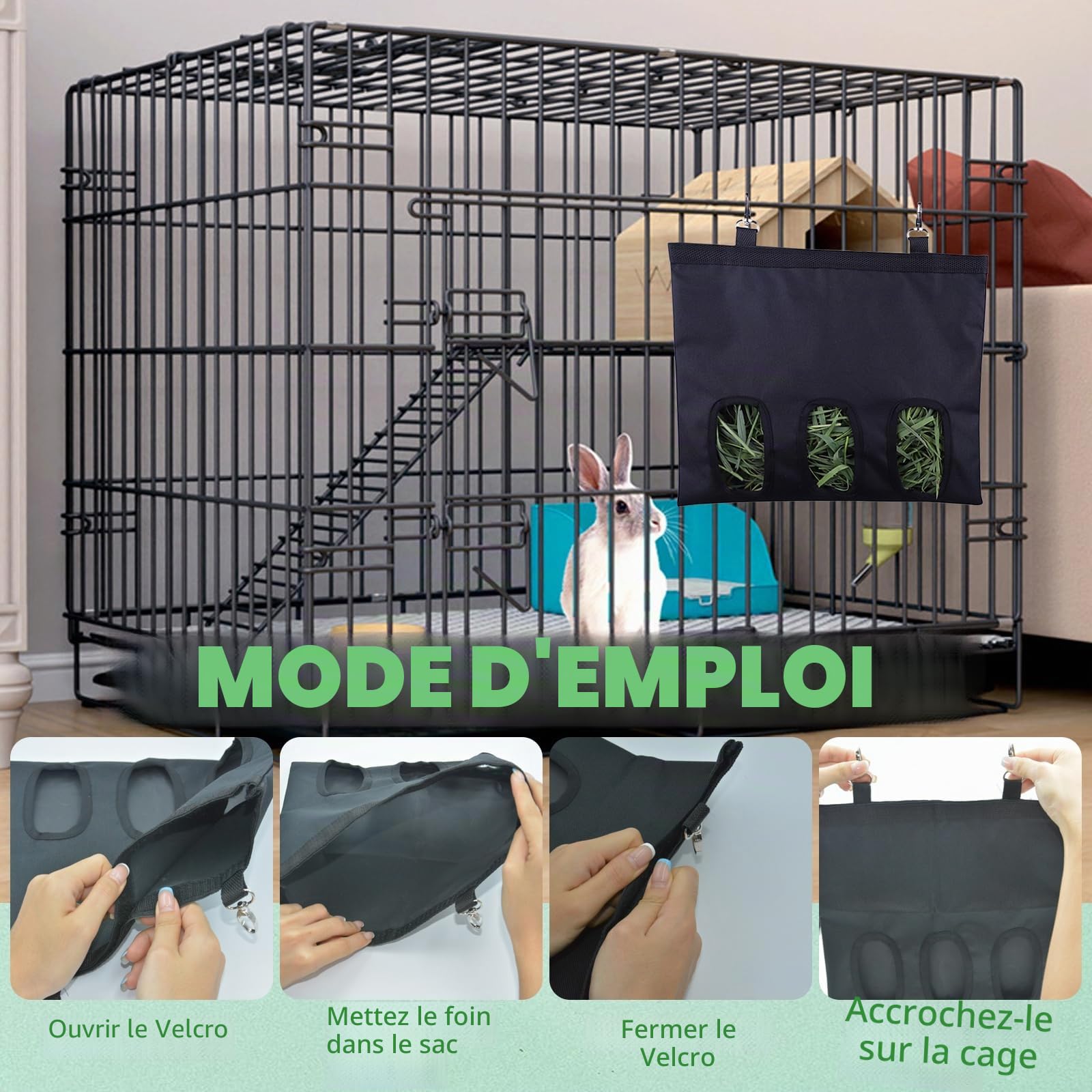 Mangeoire à Foin pour Lapin,Cochon d'Inde,Sac de Rangement,Lavable à Suspendre Automatique,Distributeur Pratique pour Petits Animaux pour Lapin,Chinchilla Hamster(3 Ouvertures)