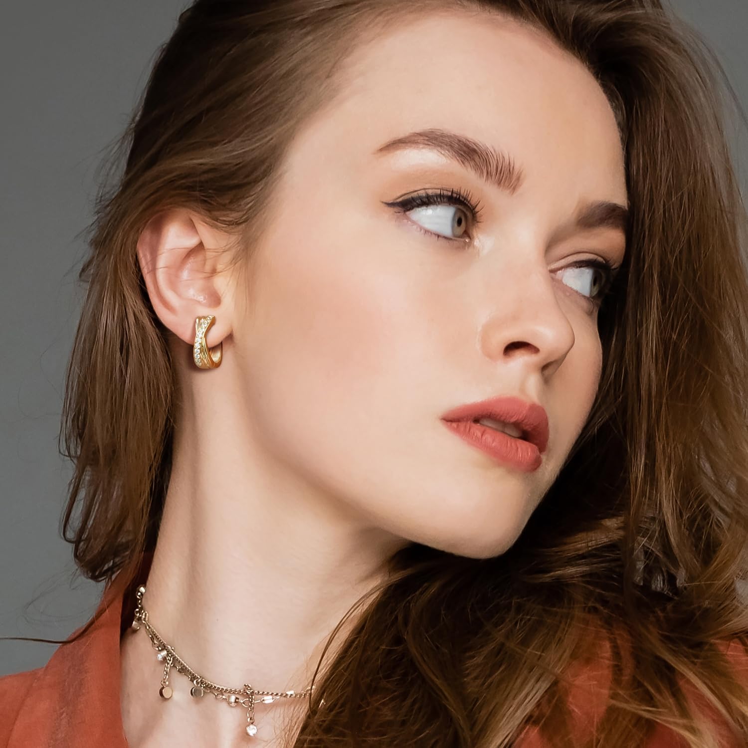 Gold Hoop Earrings 14K Gold Earrings for Women Thick Small Diamond 14K Gold Hoop Earrings for Women X-shaped Huggie Earrings 17mm