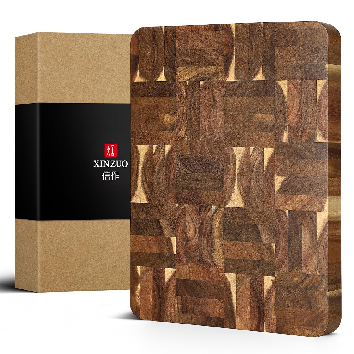 XINZUO Large Thick End Grain Acacia Wood Cutting Board -(16''L x 12''W x 1.6''T)-Dark Wood Cutting Board,Reversible Wooden Chopping Board with Non-Slip Feet-Catches Food and Waste-Giftbox
