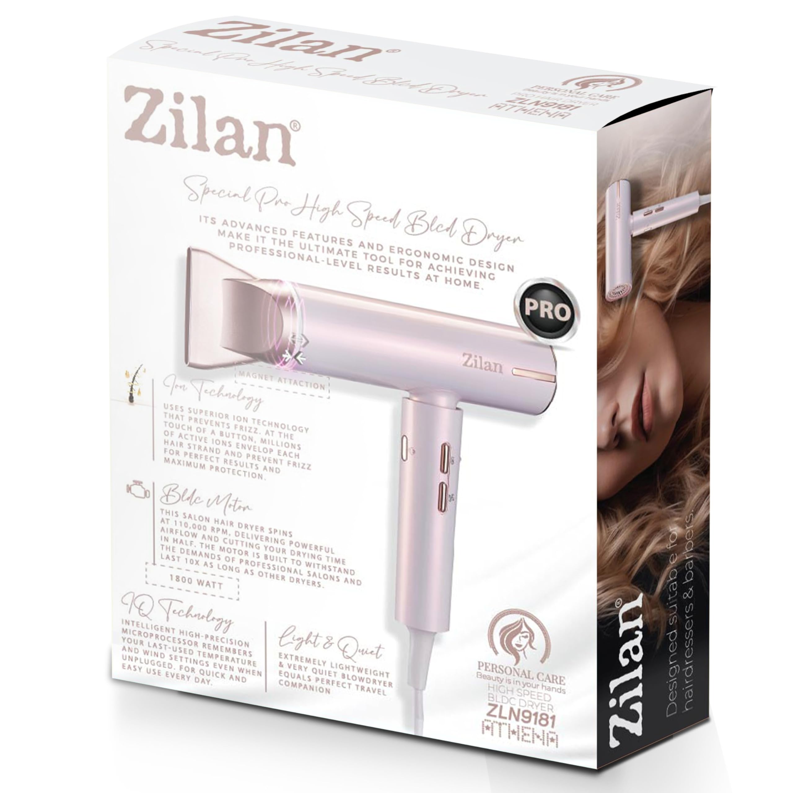 Zilan ZLN9181 ATHENA PRO İyonizerli Saç Kurutma Fön Makinesi – 1800W Güç, 3 Isı ve 3 Hız Ayarı, BLDC motor 110.000 devir/dakika, iyon saç kurutma, özel ve kuaför için, IQ teknolojisi