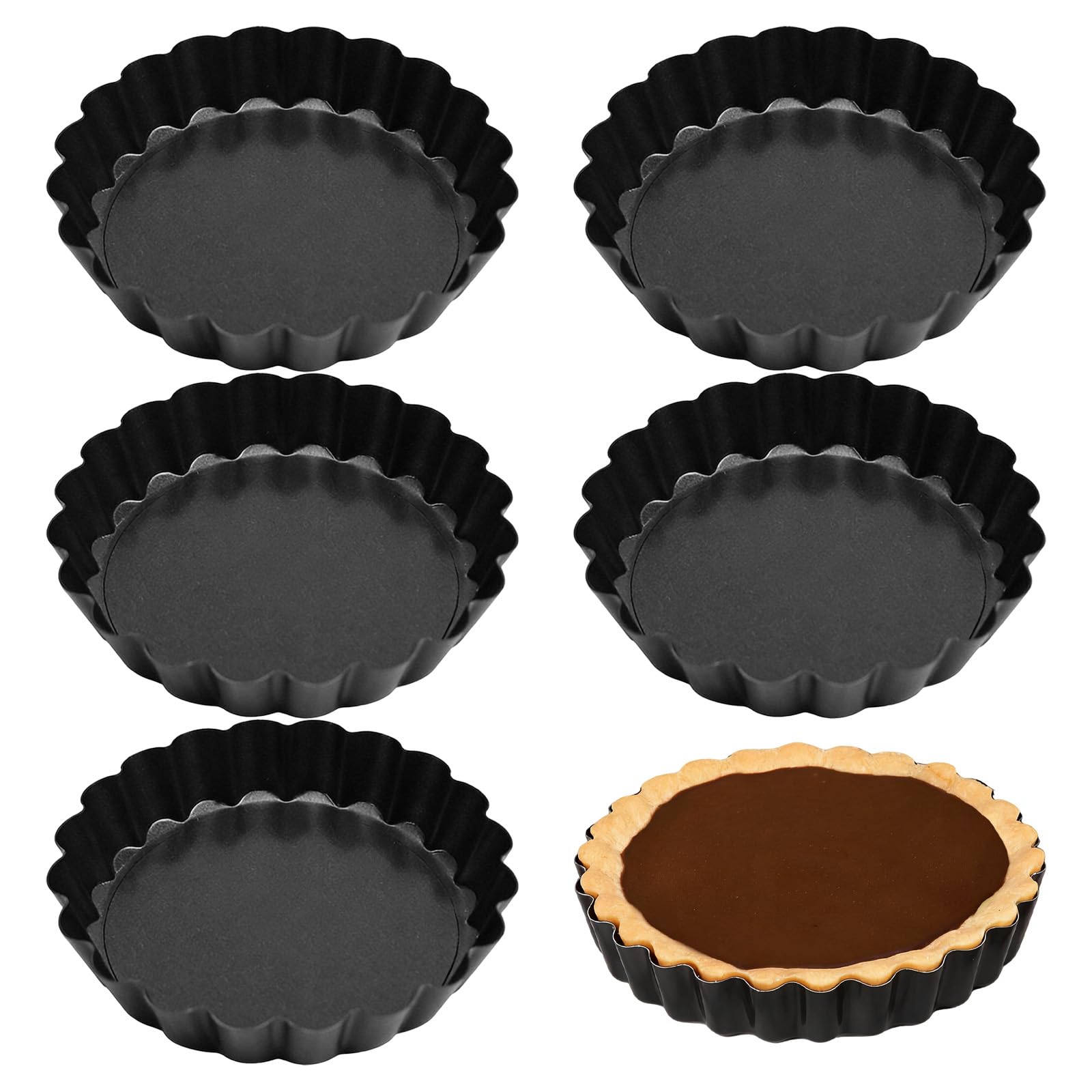 LoNinLoAn Mini Tart Tins, Mini Quiche Tins with Removable Loose Bottom, Non-Stick Fluted Round Tartlet Tins for Baking Pies Flans Cheese (black2)