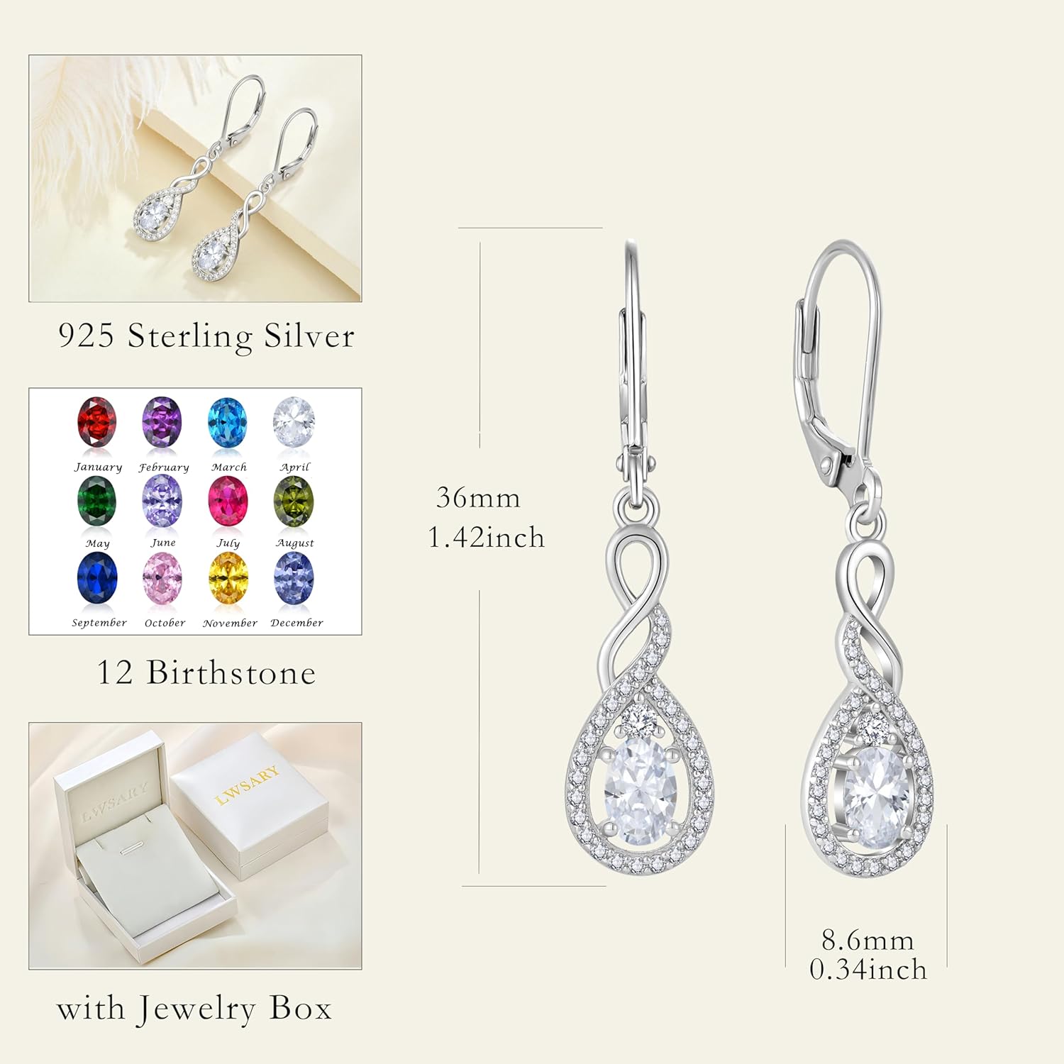 Oval Cut Dangle Drop Earrings 925 Sterling Silver Infinity Twisted Leverback Earrings Birthstone Jewelry for Women - Image 6