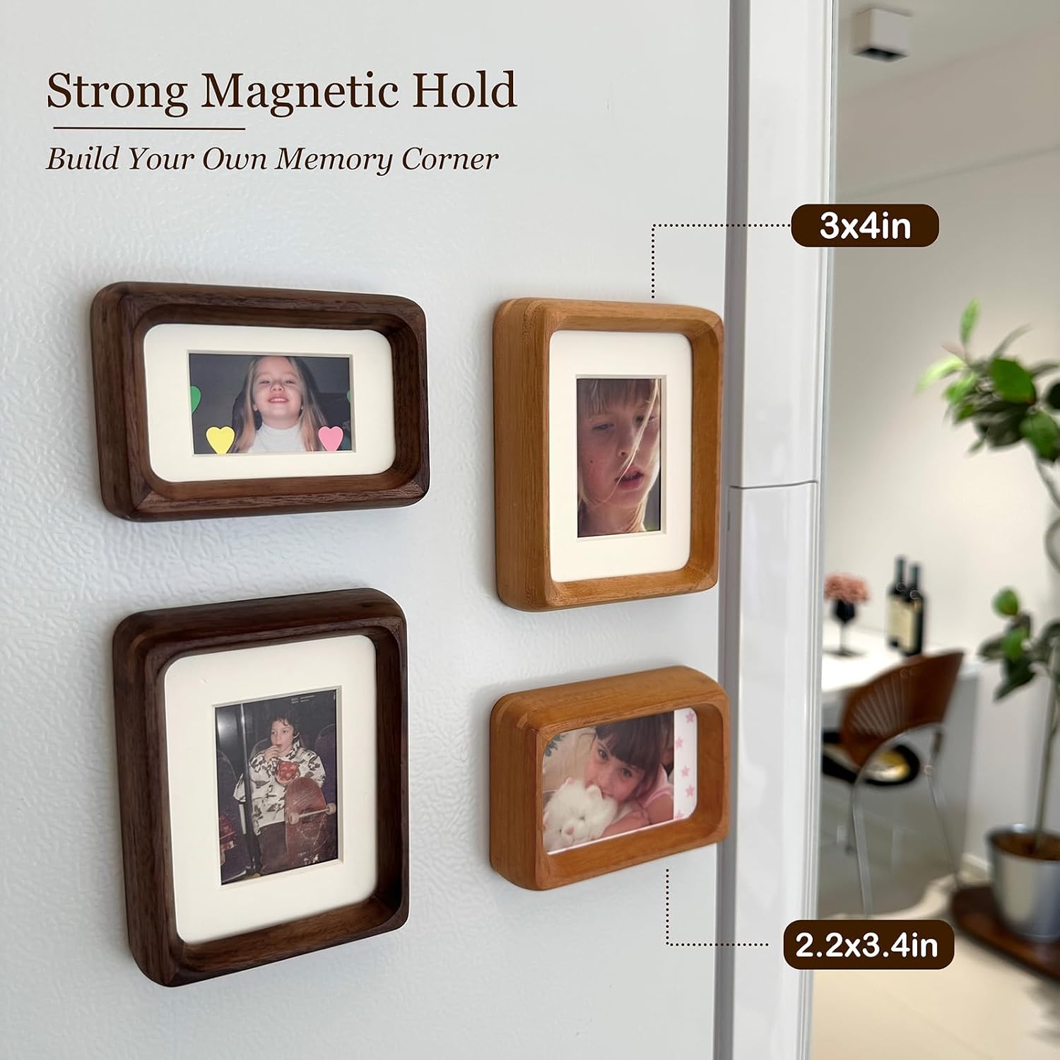 Polaroid Frame 3x4, Walnut Wood Magnetic Picture Frame, Solid Wood Instax Mini Frame, Small Photo Frame with Brass Stand & Fridge Magnet, Mortise & Tenon Craft (Walnut, 3x4)