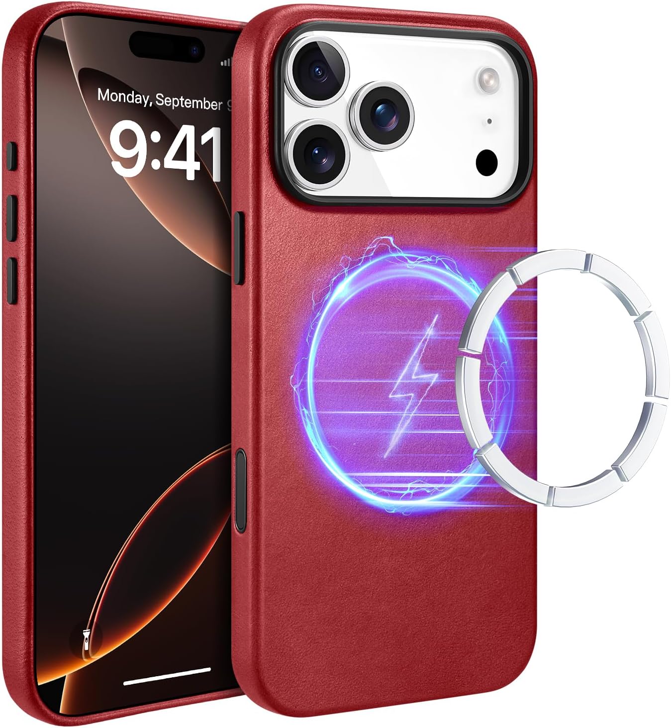 ICARER iPhone 17 Pro Max Case, Genuine Leather Case, Compatible for MagSafe Wireless Charging, Compatible with Apple iPhone 17 Pro Max 6.9 inch 2025 Model (Red)