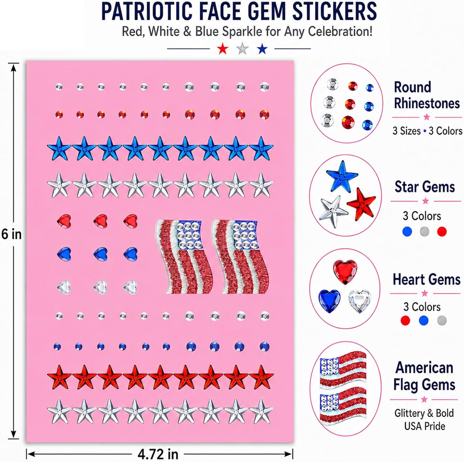 4th of July Glitter Star Flag Face Hair Gems, 374 Pcs Red White Blue Glitter for Patriotic Fourth of July Celebrations, Self Adhesive Rhinestone Stickers,Independence Day Star Jewels,2 Sheets