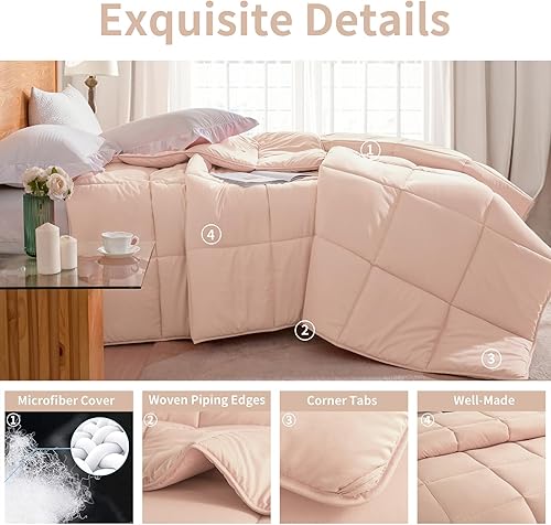 Miniatura 3 de L LOVSOUL Edredón alternativo de plumón Queen para todas las estaciones, con pestañas en las esquinas, edredón rosa claro, tamaño Queen de 90 x 90