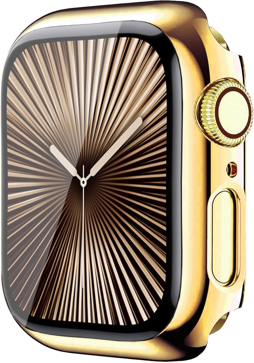 HANKN Hard Plated Case for Apple Watch Series 10 Series 11 42mm Tempered Glass Screen Protector Case, Full Coverage Ultra-thin Shockproof Bumper Iwatch Cover (Gold, S11 & S10 42mm)