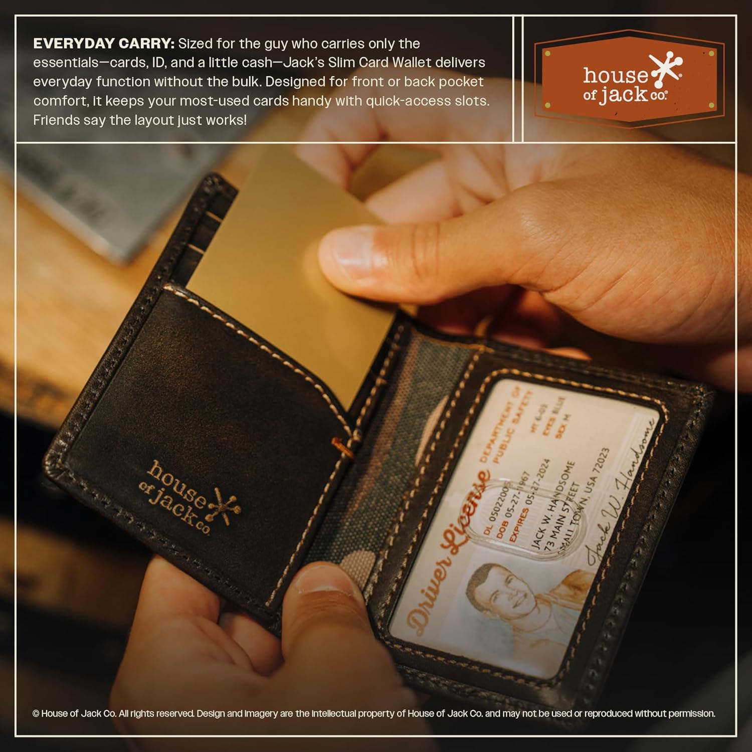 House of Jack Co. Slim Card Wallet for Men, Minimalist Front Pocket Leather Card Holder With Gift Box, Compact Bifold Card Case, Full Grain Cowhide Wallet, Black - Image 2