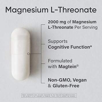 Sports Research Magnesium L-Threonate Capsules 2000mg - High-Absorption Magtein for Enhanced Brain Health, Memory, Focus & Restful Sleep Support - Vegan Non-GMO Gluten Free - 90 Count