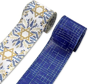 Estivaux 2 Rolls Happy Hanukkah Ribbons for Crafting, 2.5" Width Royal Blue Burlap Ribbon Chanukah Menorah Ribbon Hexagram Star of David Craft Ribbons for Gift Wrapping Jewish Hanukkah Decorations