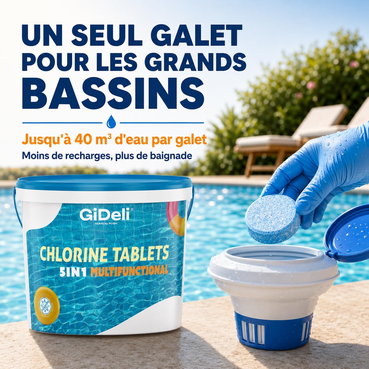 GiDeli Galets de Chlore Piscine Multifonction 5kg - Tablettes 200 g Longue Durée 4-en-1 - Anti-Algues, Stabilisé UV, Floculation - Hors-Sol, Tubulaire et Enterrée