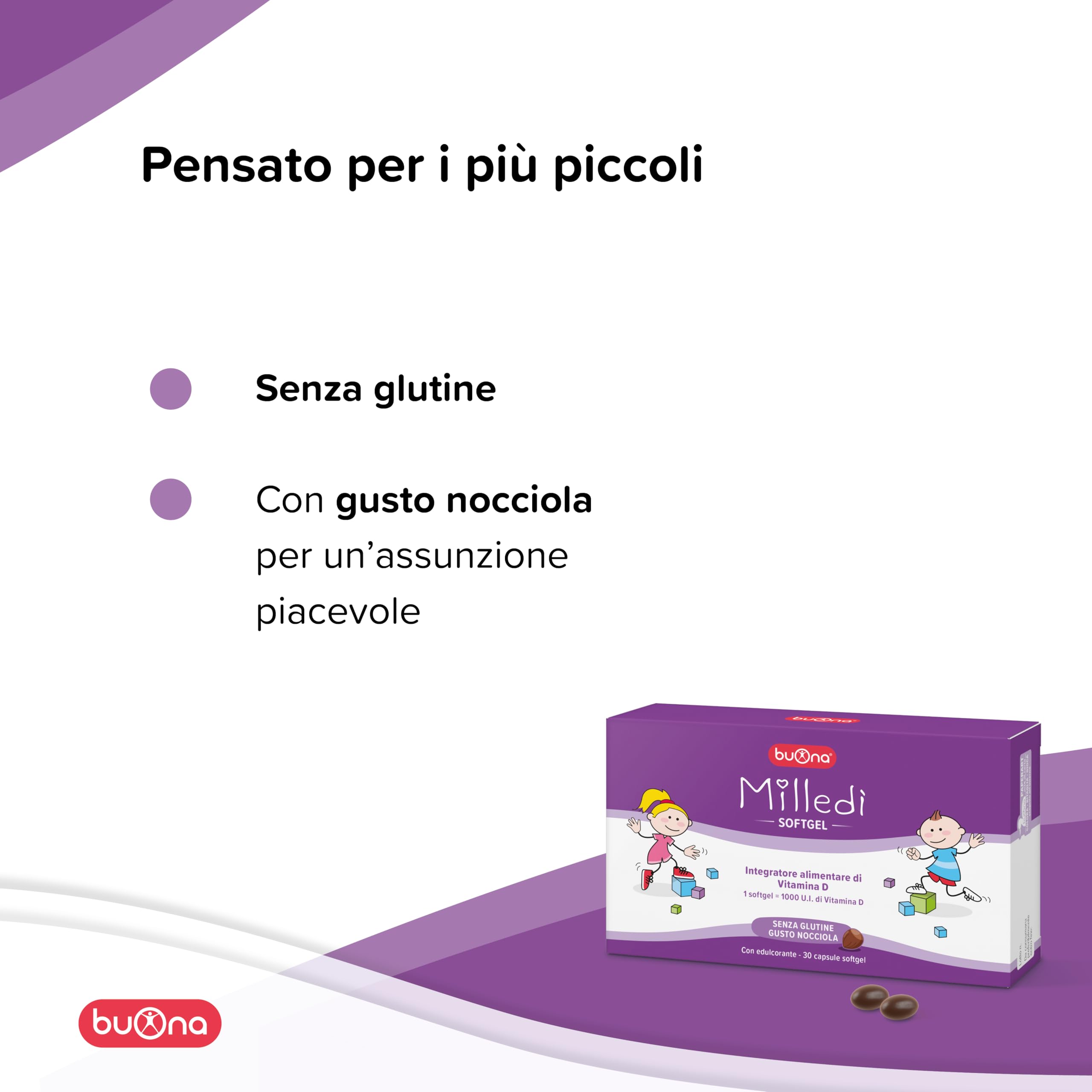 Steve Jones Buona - Milledì Integratore Alimentare, 30 Softgel Buona Milledì Integratore Vitamina D3 Bambini, 30 Softgel Masticabili Gusto Nocciola, Integratori Difese Immunitarie Bambini