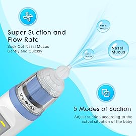 Electric Nasal Aspirator for Baby, Nose Aspirator for Toddlers, Rechargeable Baby Nose Sucker, Nose Cleaner with 3 Silicone Tips, 5 Suction Levels, Music and Light Soothing FunctionBlue