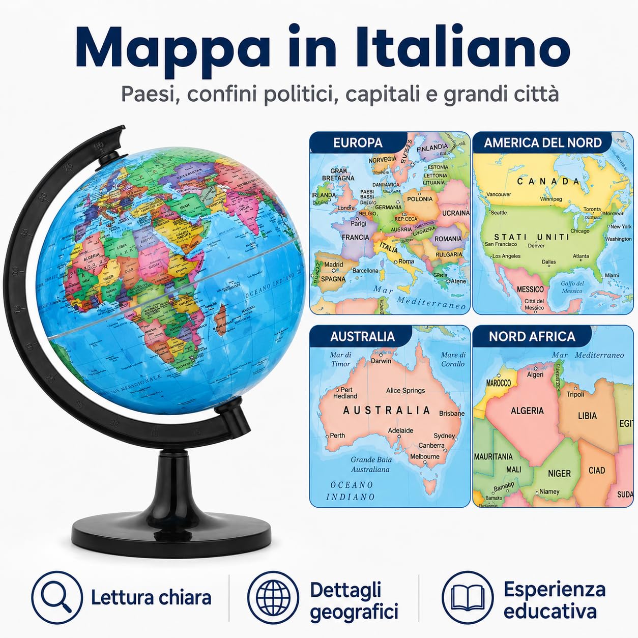 Mappamondo 14 cm Mappa Italiana Base Nera Exerz