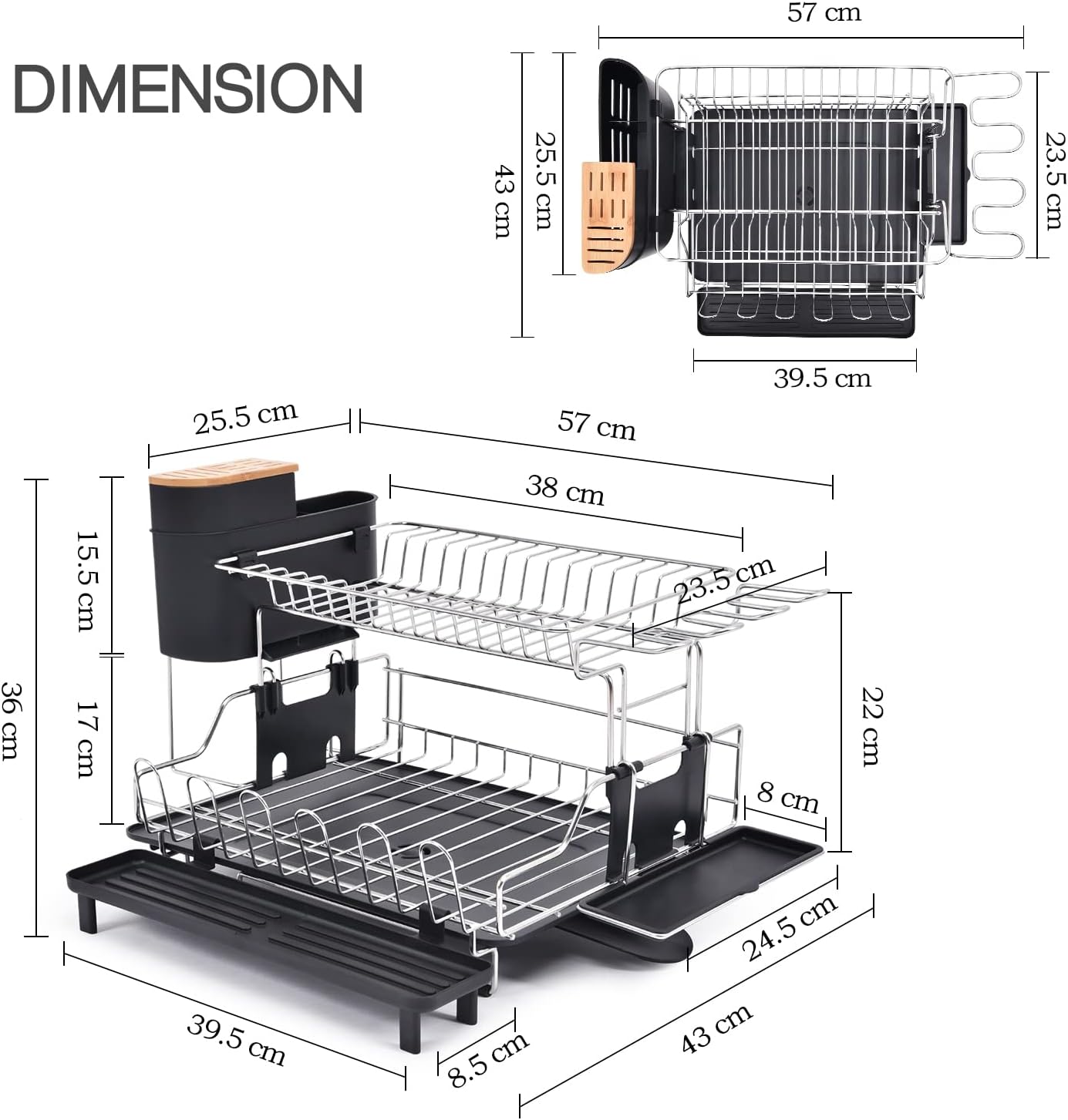 kingrack 304 Stainless Steel Dish Drying Rack, Large 2 Tier Dish Rack with Removable Top Shelf, Cutlery Holder and Cup Holder, Wine Glass Holder