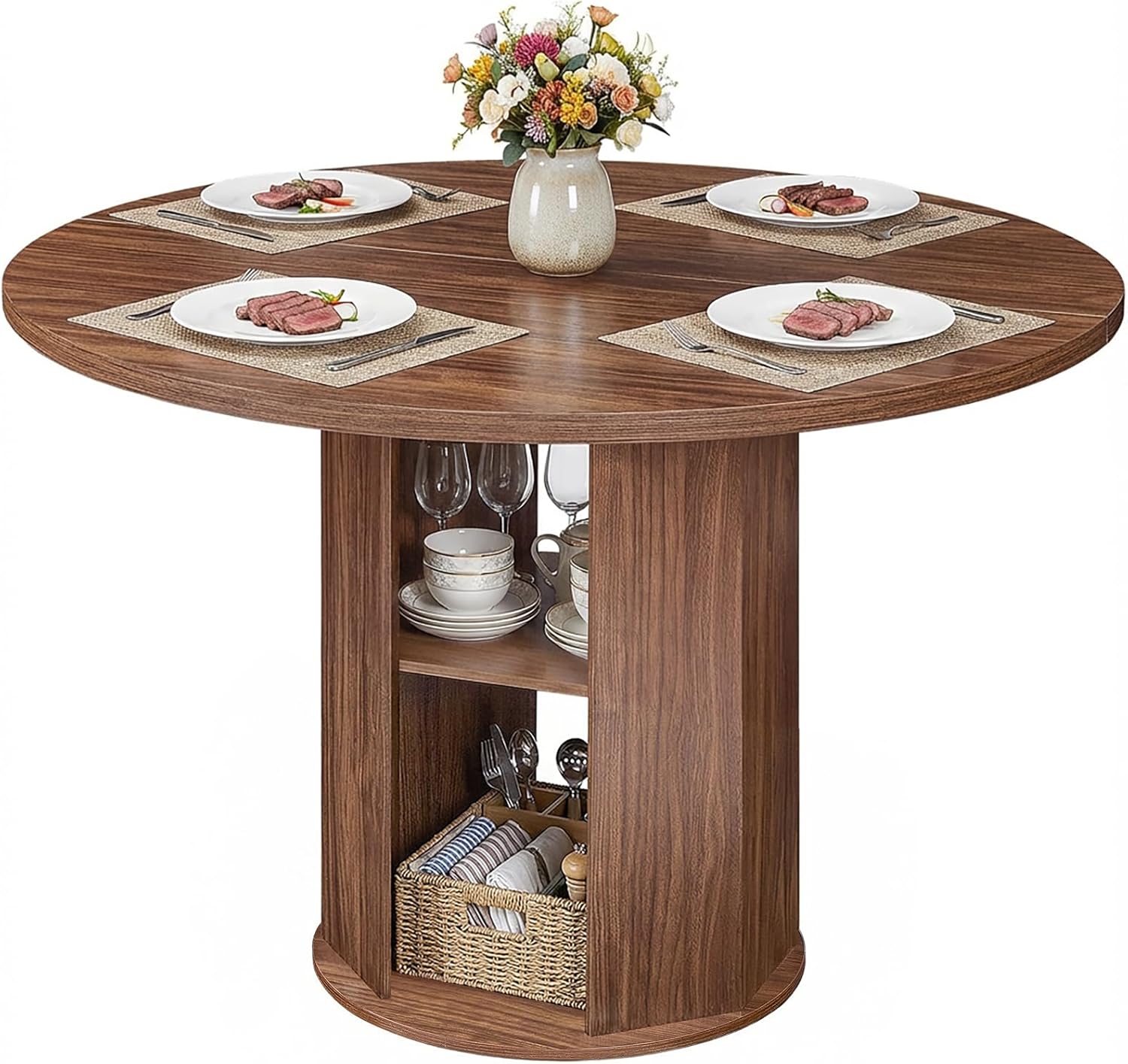 MAHANCRIS 43.3" Round Dining Table with Storage Shelf for 4, Circle Kitchen Dinner Table with Thick Tabletop, Circle Nook Table for Kitchen & Dining Room, Walnut DTWA11001