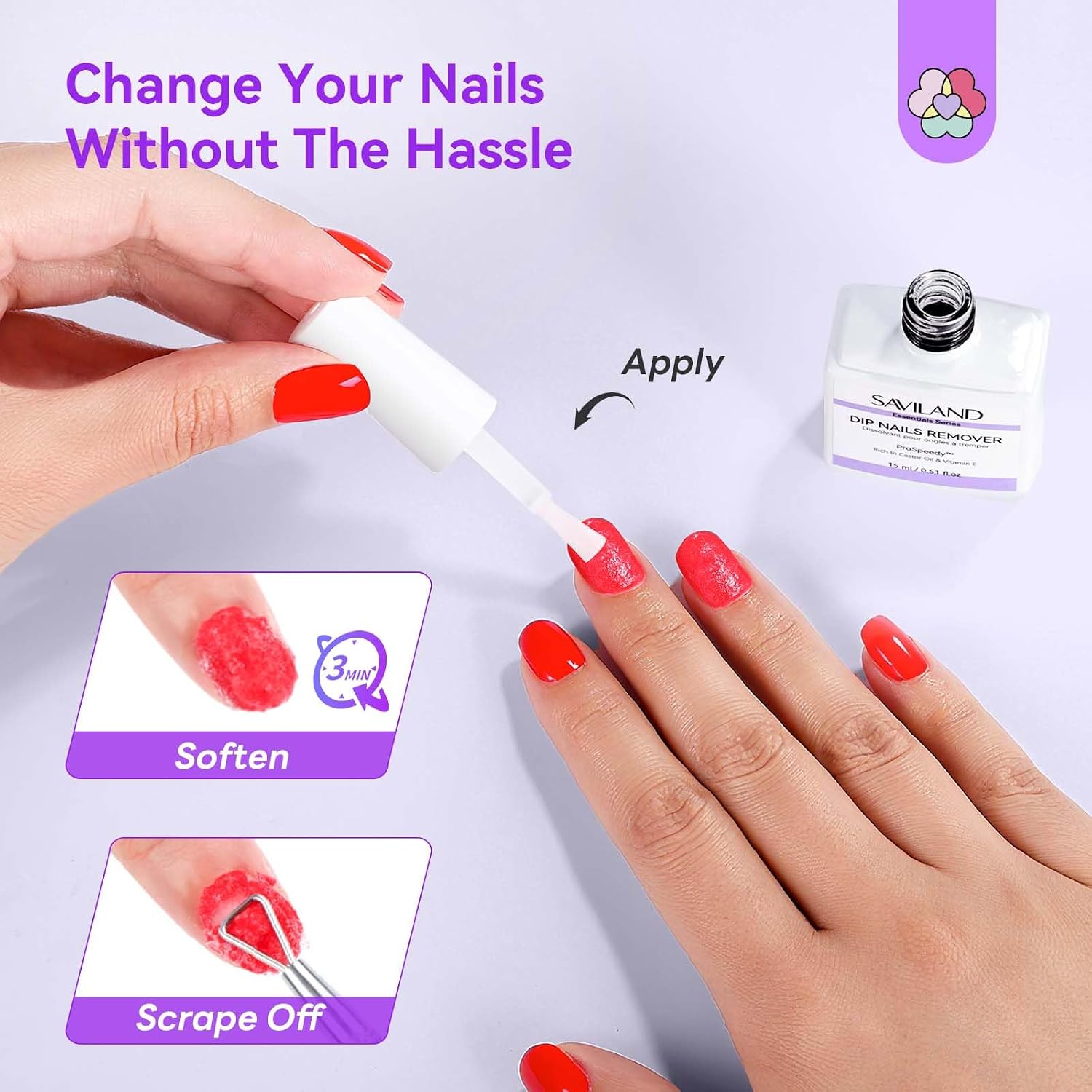 SAVILAND Essentials Dip Powder Remover Kit: Dip Nail Removal With Nail File Buffer For Dip Nails Gel Remove No Need Foil Soaking or Wrapping Easy to Use Home Manicure 15ml