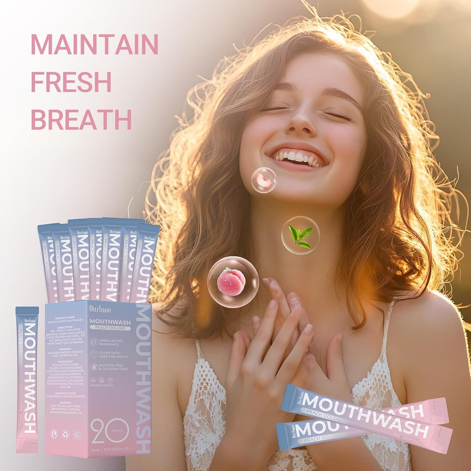 Travel Size Mouthwash Packets to Go, Alcohol-Free, Non-Burning, Peach Oolong-Tea Flavor for Fresh Breath, 0.5 Fl.Oz/pcs 20 Individually Packaged for Protable, TSA Approved for On-The-Go