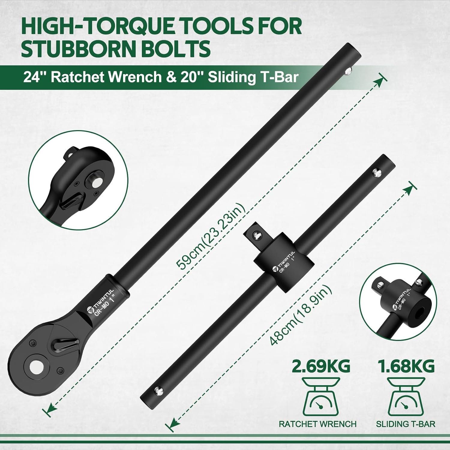 1-Inch Drive Impact Socket Set 18PCS, 21-55mm Metric Heavy Duty CR-MO Industrial Socket Set with 24" Ratchet Wrench, Sliding T-Bar & Extension Bars for Truck, Heavy Equipment Repair