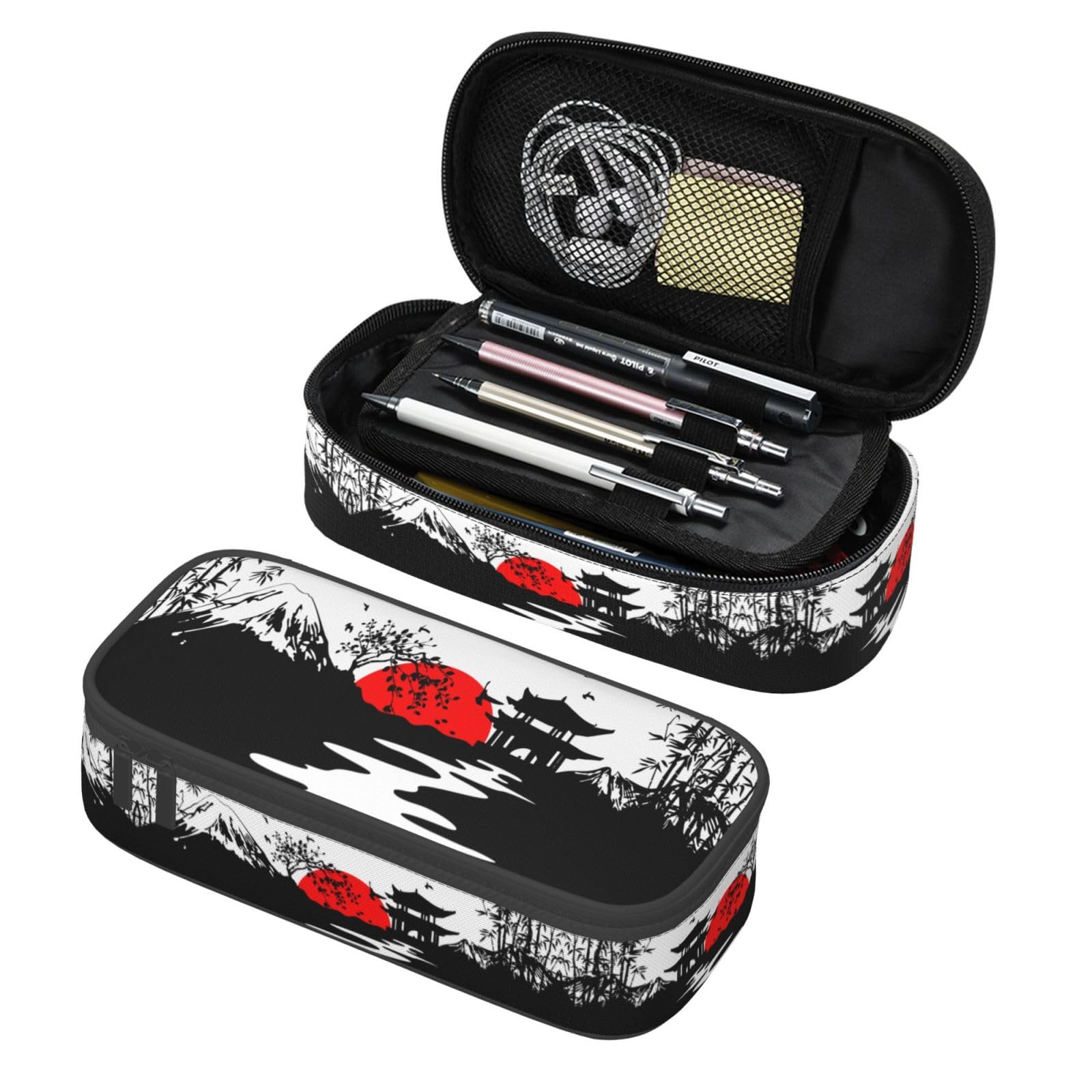 Aoojanu Japan Ink Painting Fuji Mountain Large Pencil Case, Pencil Pouch With Zipper Compartments Stationery Pencil Bag For Kids Teens Students School