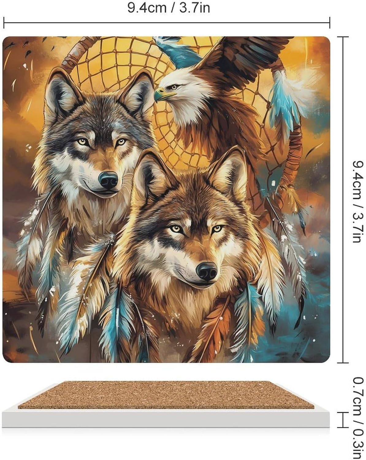 Dreamcatcher1 Wolf Eagle1 Funny Ceramic Coasters for Drink Absorbent Cup Holders Tabletop Protection