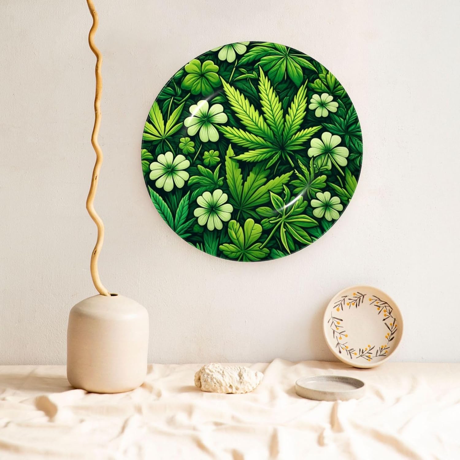 Cannabis-Leaves-Clovers 10 Inch Decorative Plate With Stand, Elegant Display Wall Plate For Home Decor