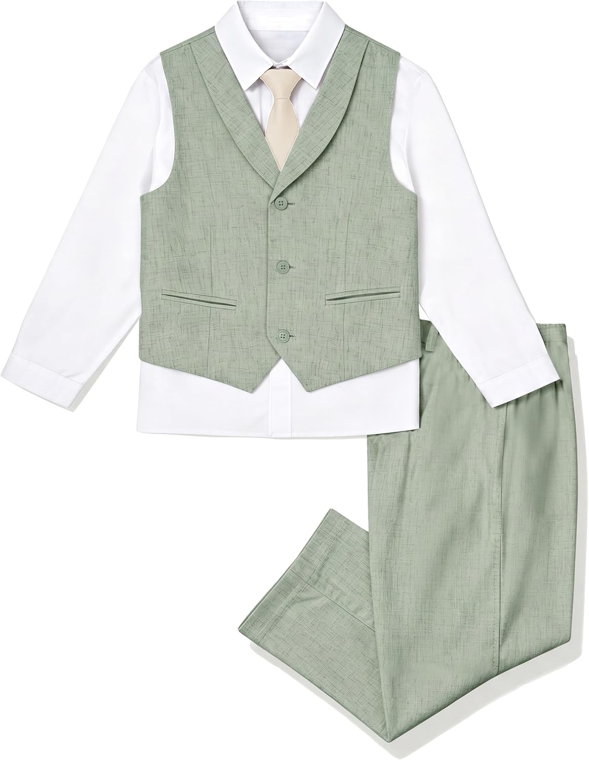 Boys Linen Suit 4 Pcs Tuxedos Formal Lightweight Suits for Boy Vest Pants Shirt Tie Set Wedding Outfit Party School